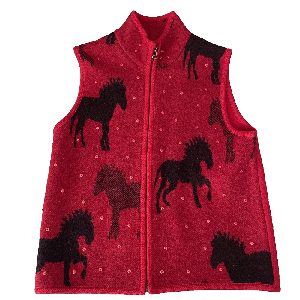 Tally Ho Red Women Wool Black Horse Pony Sequin Western Equestrian‎ Vest Medium